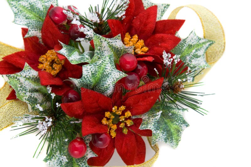Décoration de Noël de poinsettia avec la bande d'or photographie stock Décoration de Noël de poinsettia avec la bande d'or photographie stock