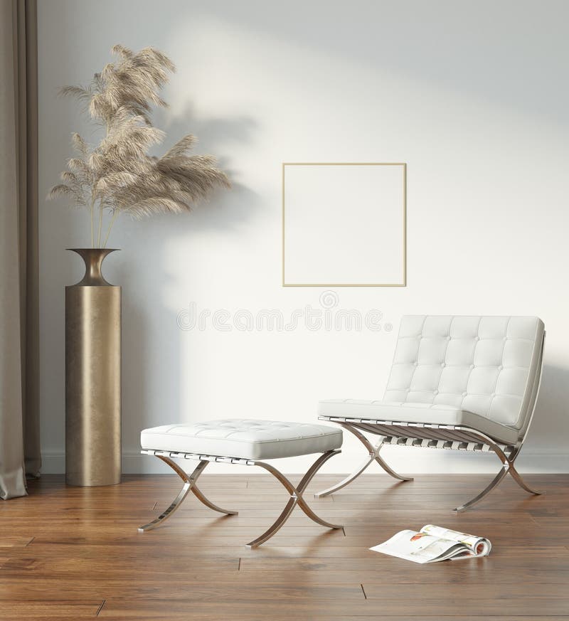 Décoration moderne blanche avec chaise blanche et gazon de pampas à cadre vierge images stock