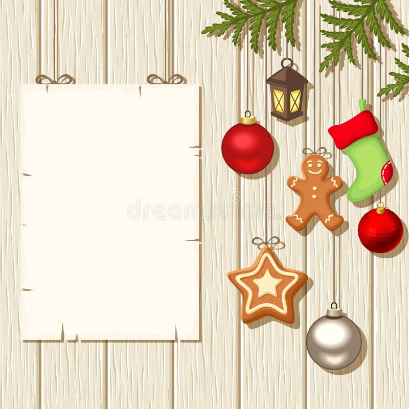 Décorations accrochantes de Noël et une plaquette sur un fond en bois Illustration de vecteur illustration de vecteur Décorations accrochantes de Noël et une plaquette sur un fond en bois Illustration de vecteur illustration de vecteur