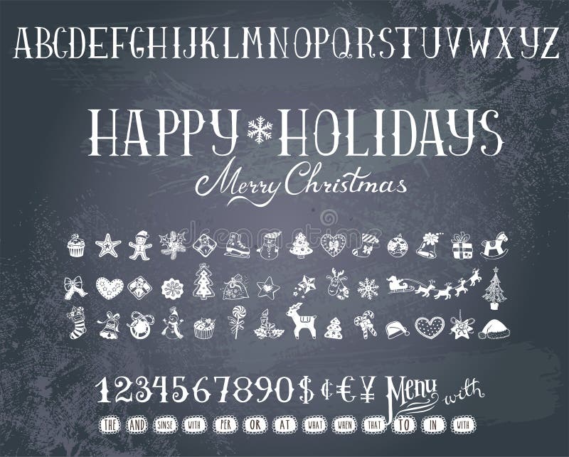 Trendy hand-drawn Holiday decorations, alphabet and numbers on a blackboard. Trendy hand-drawn Holiday decorations, alphabet and numbers on a blackboard.