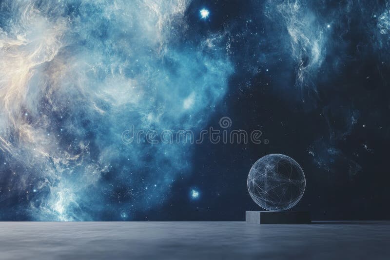 Découverte du vaste cosmos à la sphère géométrique futuriste au centre d'une galaxie. Une sphère géométrique repose sur un piédestal sur un décor époustouflant de galaxies tourbillonnantes et de couleurs cosmiques. ai généré