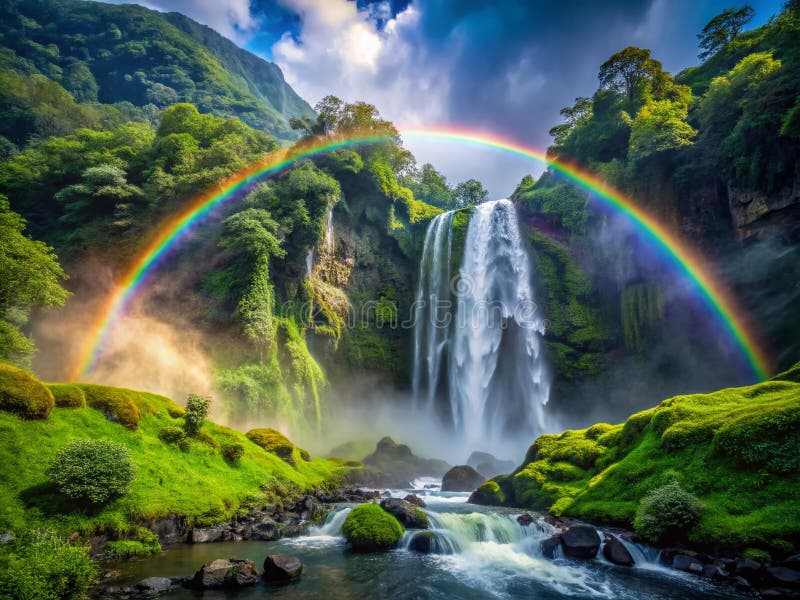 Découvrez la magie d'une cascade de montagne cachée Animation époustouflante en cascade arc-en-ciel illustration de vecteur