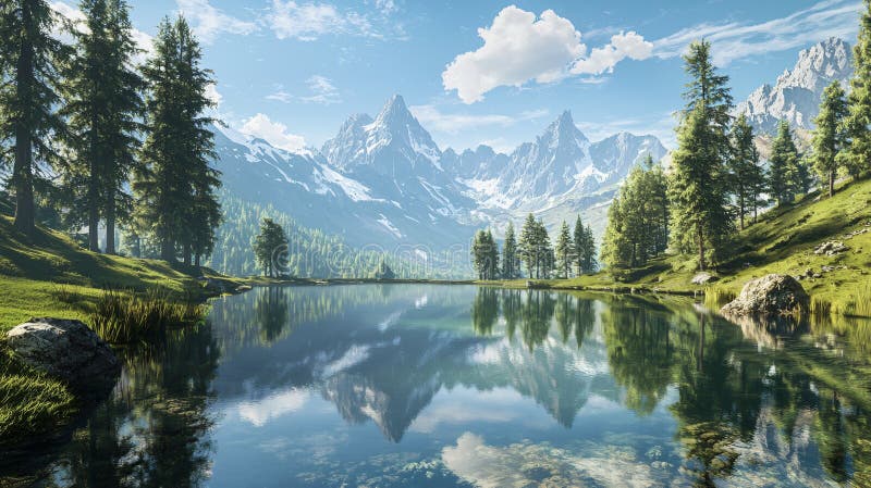 Découvrez la sérénité d'un lac de montagne caché entouré de pins touffus dans les natures embrrace illustration libre de droits