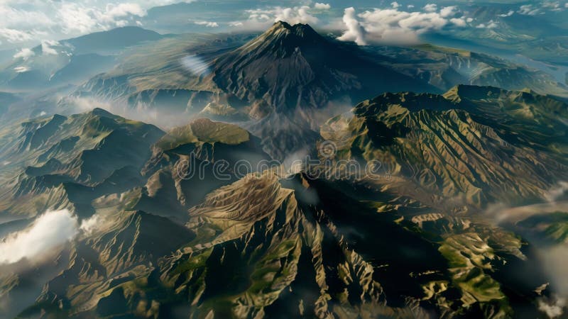 Découvrez une animation interactive sur carte offrant une vue aérienne époustouflante d'une chaîne de montagnes haut dans le ciel illustration stock