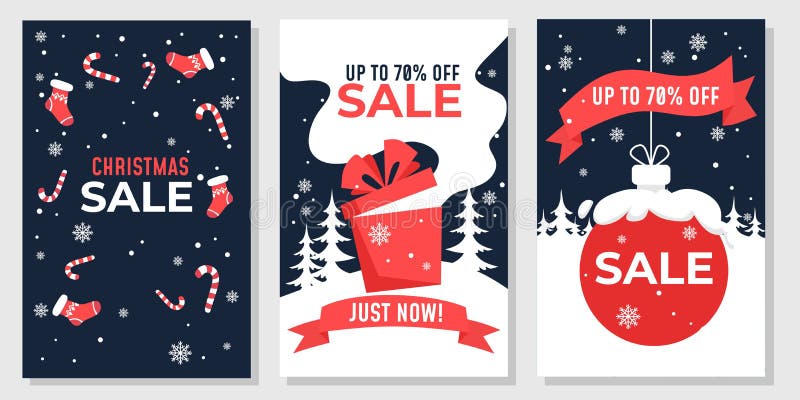 Set of christmas sale banners with bright decor vector illustration. Festive decorations for advertisement flat style. Tree balls snowflakes and red socks. Shopping and discount flyer concept. Set of christmas sale banners with bright decor vector illustration. Festive decorations for advertisement flat style. Tree balls snowflakes and red socks. Shopping and discount flyer concept