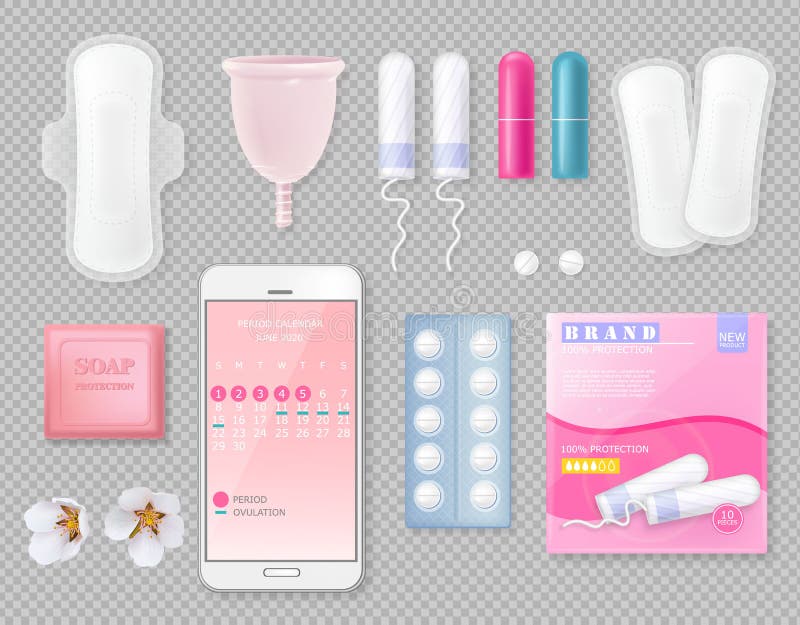 Définissez les produits de cycle menstruel avec des tampons de tasse de serviette hygiénique savonnent le paquet de comprimés avec illustration de vecteur