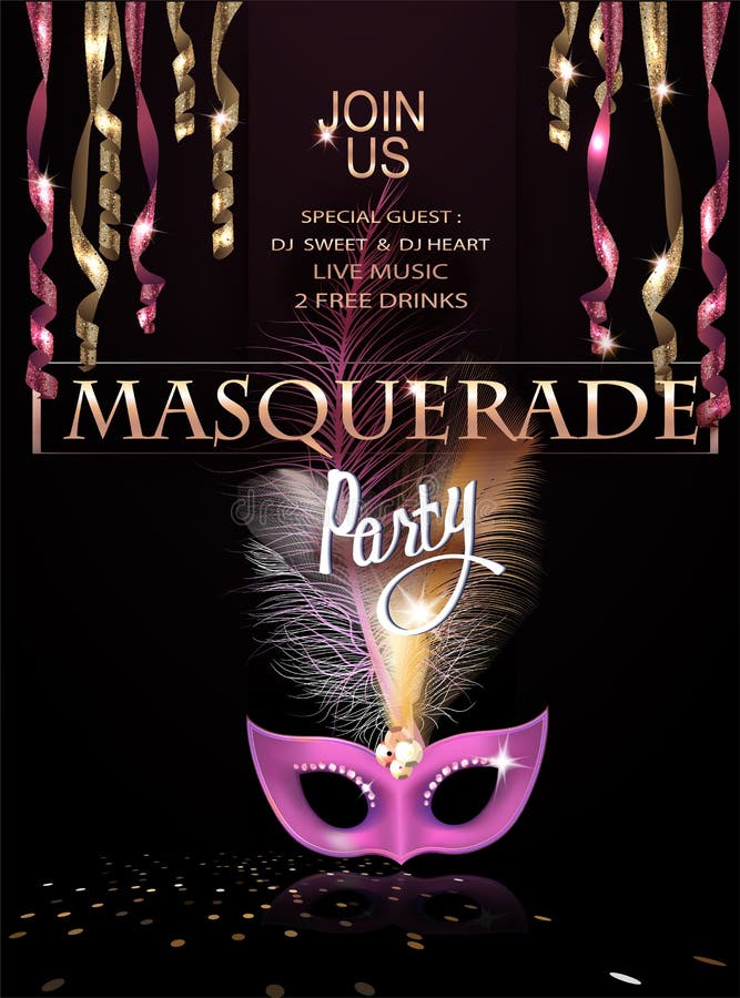 Masquerade party invitation card with hanging serpentine and mask with feathers. Vector illustration. Masquerade party invitation card with hanging serpentine and mask with feathers. Vector illustration