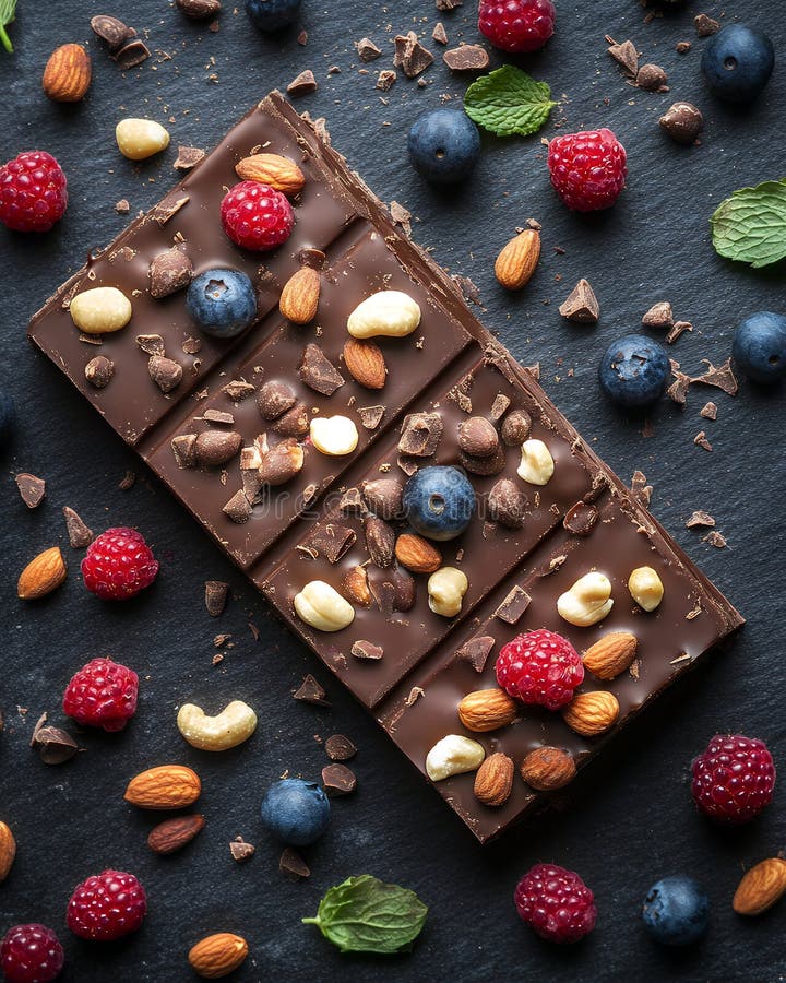Délicieuse barre de chocolat noir avec framboises bleuets et amandes noix rouges feuille de menthe riche illustration libre de droits