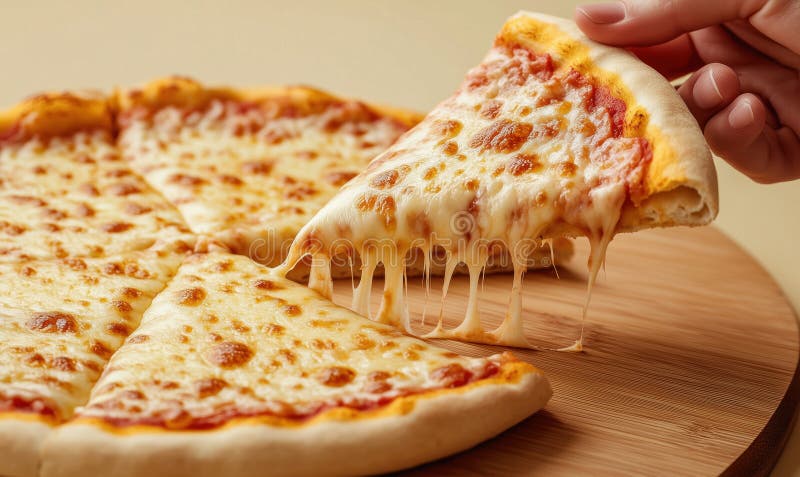 Délicieuse pizza au fromage fondu de goey et croûte croustillante sur plateau de bois images stock