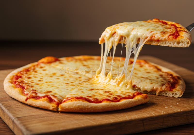 Délicieuse tranche de pizza au fromage fondu de goey sur plateau de bois image libre de droits