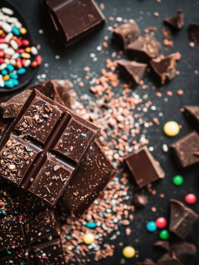 Délicieux Barre de Chocolat foncé Pièces Saupoudrer Sweet Traitements nourriture riche bonbon savoureux brunâtre sucre illustration libre de droits