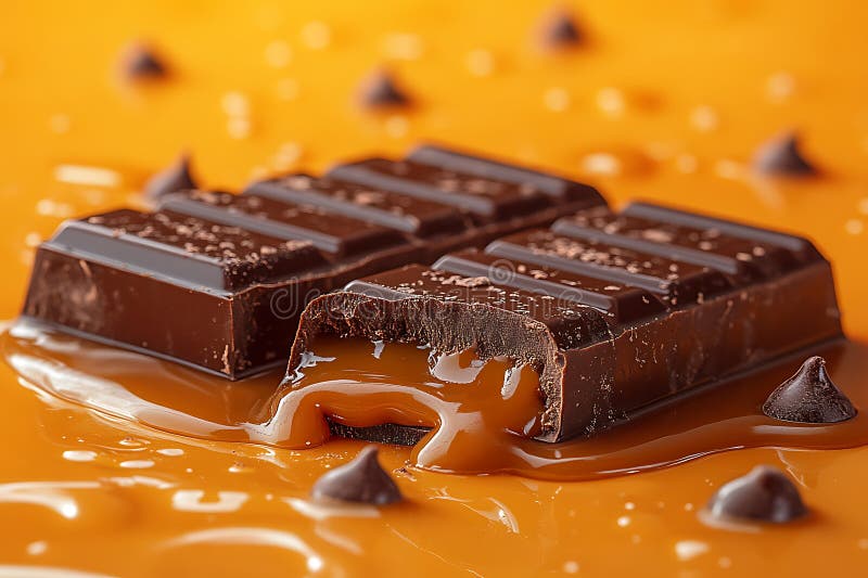 Délicieux chocolat foncé bar fondu en caramel avec des puces de chocolat et des couleurs chaudes illustration stock