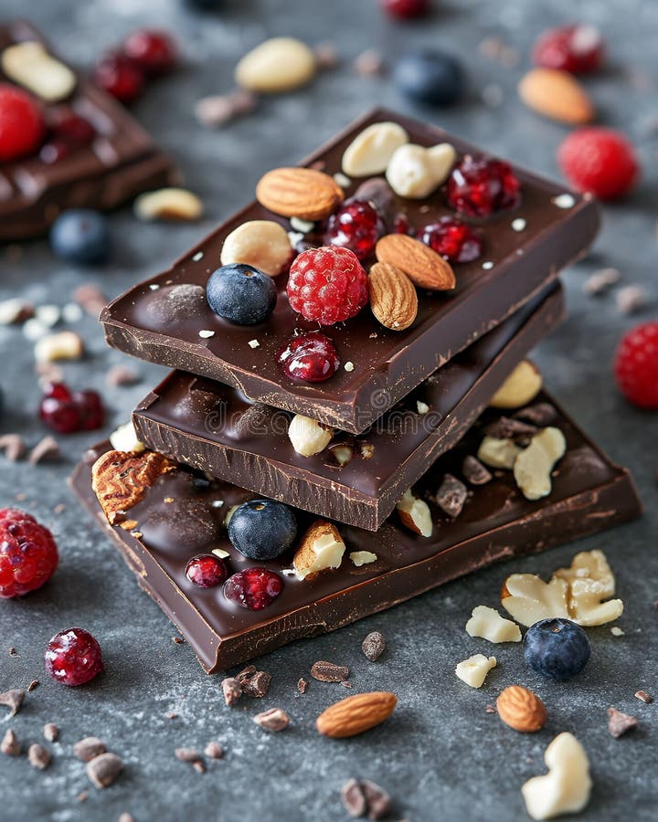 Délicieux chocolat noir avec des baies mélangées et noix rouge bleu riche nourriture sucré bon brun illustration stock
