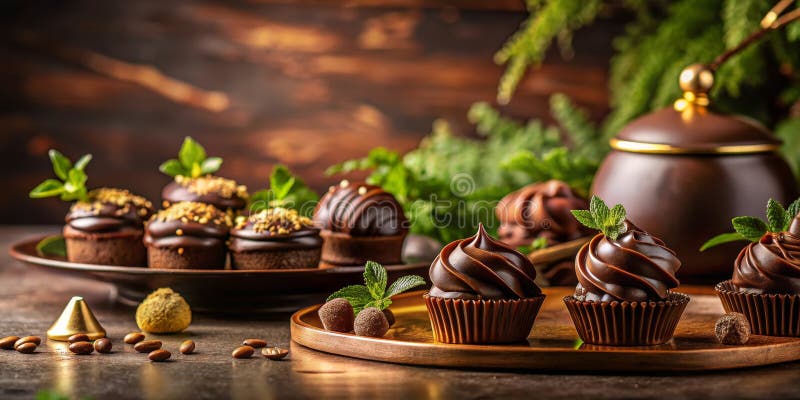Délicieux chocolat noir avec garniture de menthe sur table en bois rustique. illustration libre de droits