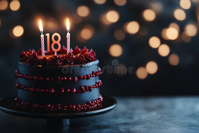 Délicieux gâteau d'anniversaire au chocolat noir avec dix-huit bougies illuminées pour la fête illustration de vecteur
