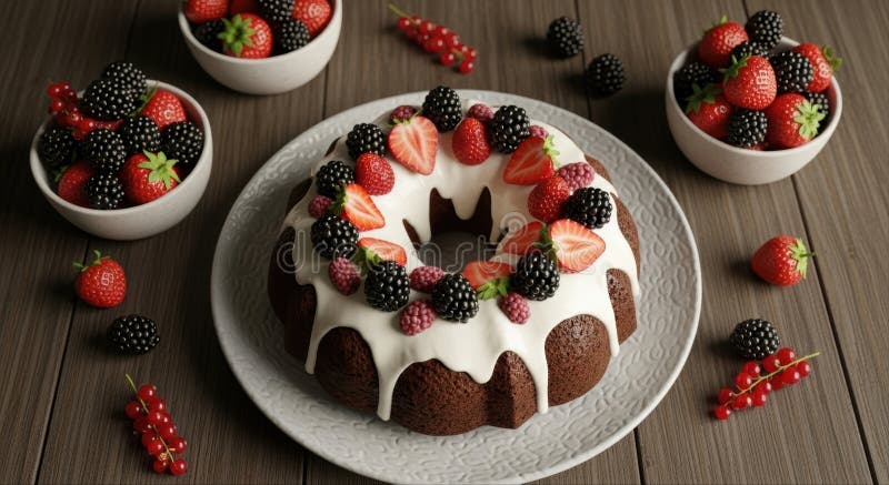 Délicieux gâteau à base de chocolat noir avec glaçage blanc et baies fraîches mélangées illustration de vecteur