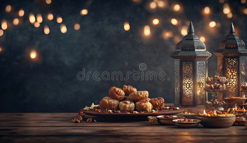 Délicieux Ramadan sucré Festif Nourriture Photographie Lumières chaudes Cosy Brun foncé riche Table illustration de vecteur