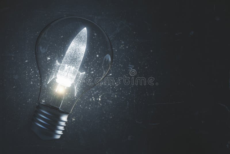 Abstract glowing lamp with drawn space ship. Startup and entrepreneurship backdrop. 3D Rendering. Abstract glowing lamp with drawn space ship. Startup and entrepreneurship backdrop. 3D Rendering