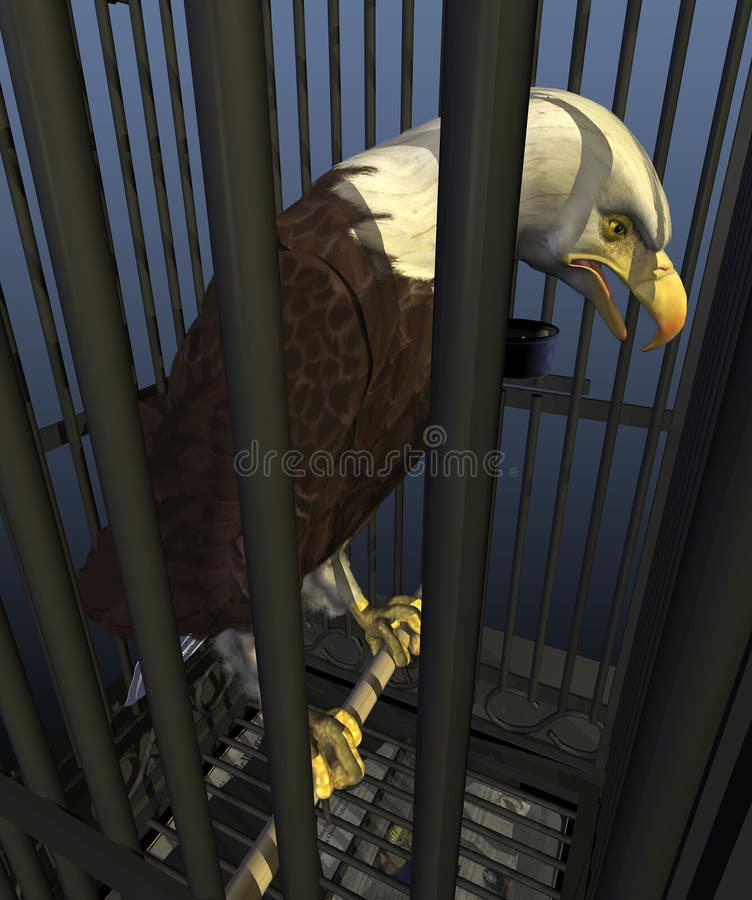 A bald eagle, the national bird of the USA, is confined to a cage - 3D render with digital painting. Here in the 'Land of the Free' one out of every 100 adults is serving time in jail or prison. A bald eagle, the national bird of the USA, is confined to a cage - 3D render with digital painting. Here in the 'Land of the Free' one out of every 100 adults is serving time in jail or prison.