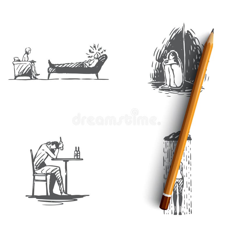 D?pression - aide professionnelle, d?pression d'enfance, sympt?mes de d?pression, comment traiter l'ensemble de concept de vecteu illustration libre de droits D?pression - aide professionnelle, d?pression d'enfance, sympt?mes de d?pression, comment traiter l'ensemble de concept de vecteu illustration libre de droits