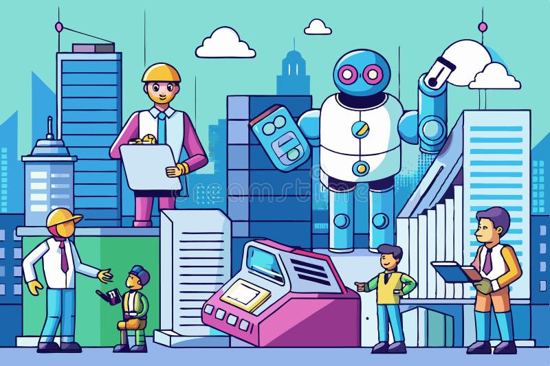 Dépôt d'impôts de haute technologie dans un environnement urbain futuriste avec des robots et des personnes interagissant avec des illustration de vecteur