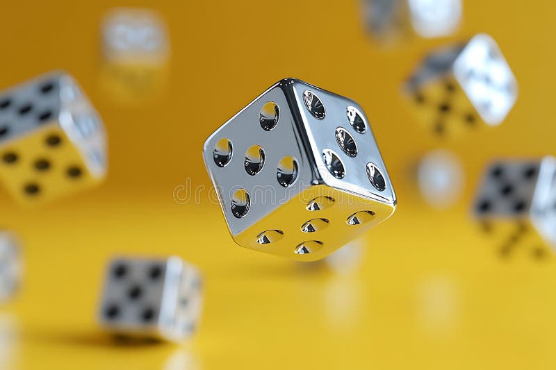 Dés argentés brillants flottant sur un fond jaune illustration de vecteur