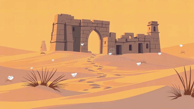 Désert Windswept : Ruines animées avec feuilles de dérive dans un paysage aride illustration libre de droits