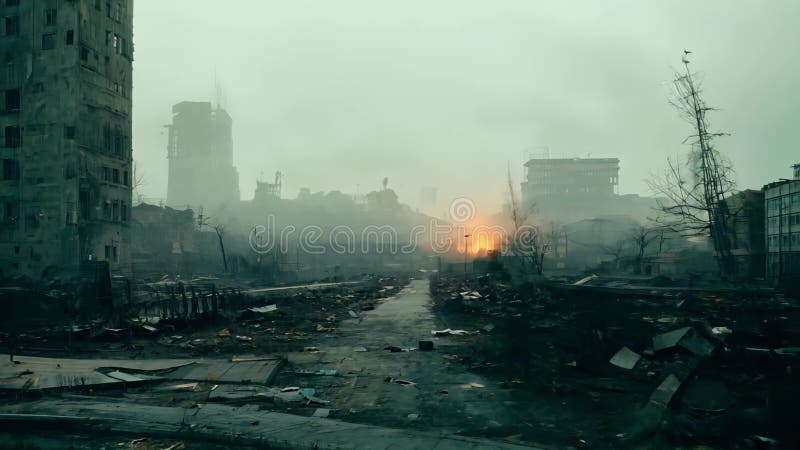 Désolation urbaine dans les ruines brumeuses avec incendies au milieu des bâtiments abandonnés. concept de paysage postapocalyptiq banque de vidéos