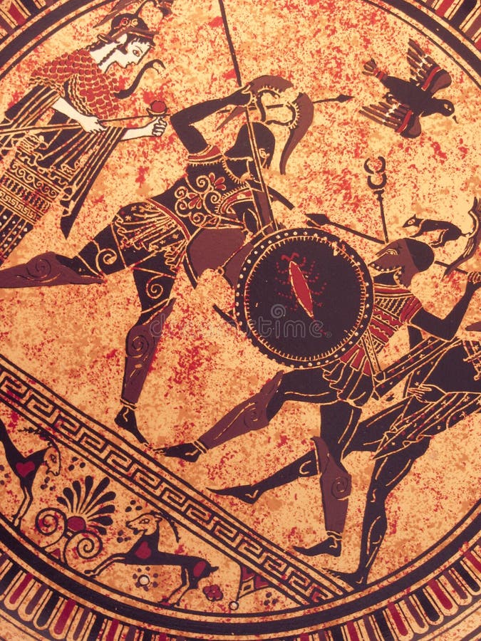 Détail d'une vieille peinture grecque historique au-dessus d'un plat Héros mythiques et dieux combattant là-dessus