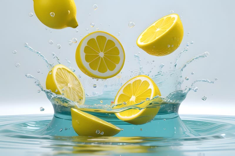 Détail et hyper réaliste 4k résolution image des tranches de citron tombant dans l'eau claire isolée sur fond blanc. Détail et image créative des tranches de citron tombant profondément sous l'eau avec une grande éclaboussure sur fond bleu