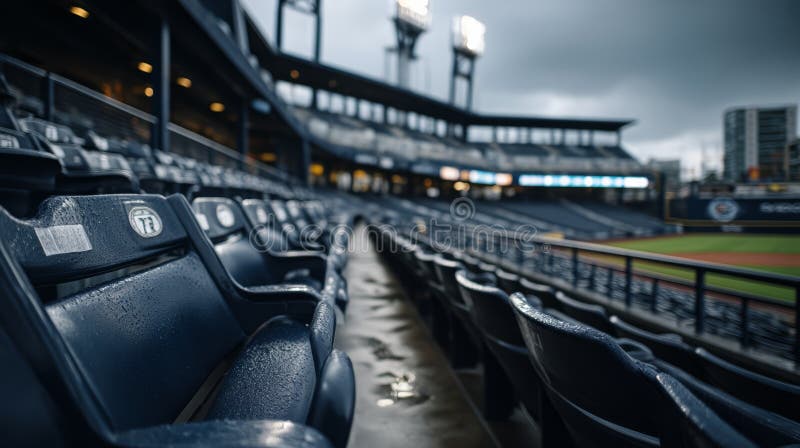 Détails architecturaux d'un stade de baseball vide avec de la pluie sur les sièges et une atmosphère mélancolique illustration de vecteur