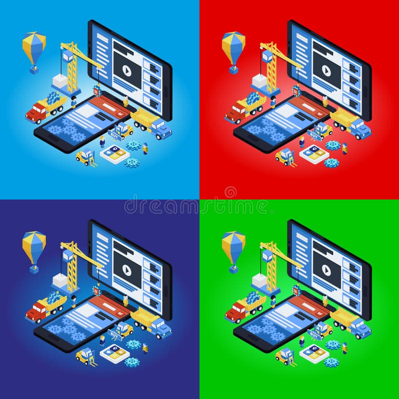 Développement mobile d'APP, équipe expérimentée 3d plat isométrique illustration stock Développement mobile d'APP, équipe expérimentée 3d plat isométrique illustration stock