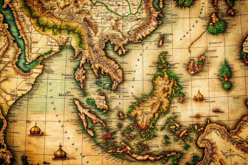 Dévoilement des paysages côtiers de l'Asie du Sud-Est : Une perspective aérienne du XIXe siècle sur la cartographie historique illustration libre de droits