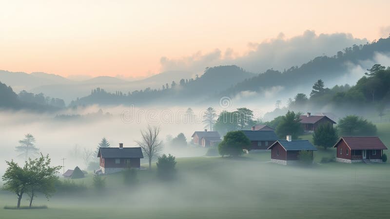 Dévoiler une aube de village de montagne bruyante Un paysage rural de rêve illustration stock
