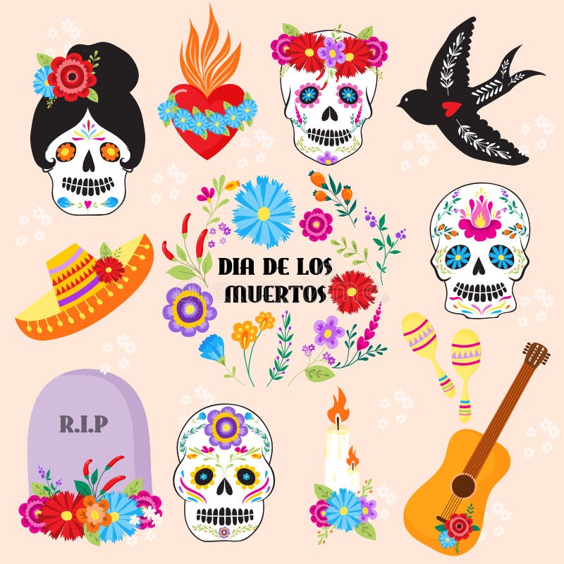Día colorido del día de fiesta de los muertos de Dia De Los de los símbolos del vector muerto stock de ilustración Día colorido del día de fiesta de los muertos de Dia De Los de los símbolos del vector muerto stock de ilustración