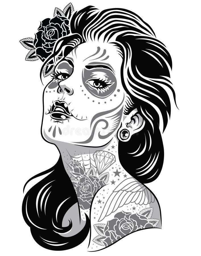 Día de ejemplo blanco y negro de la muchacha muerta stock de ilustración