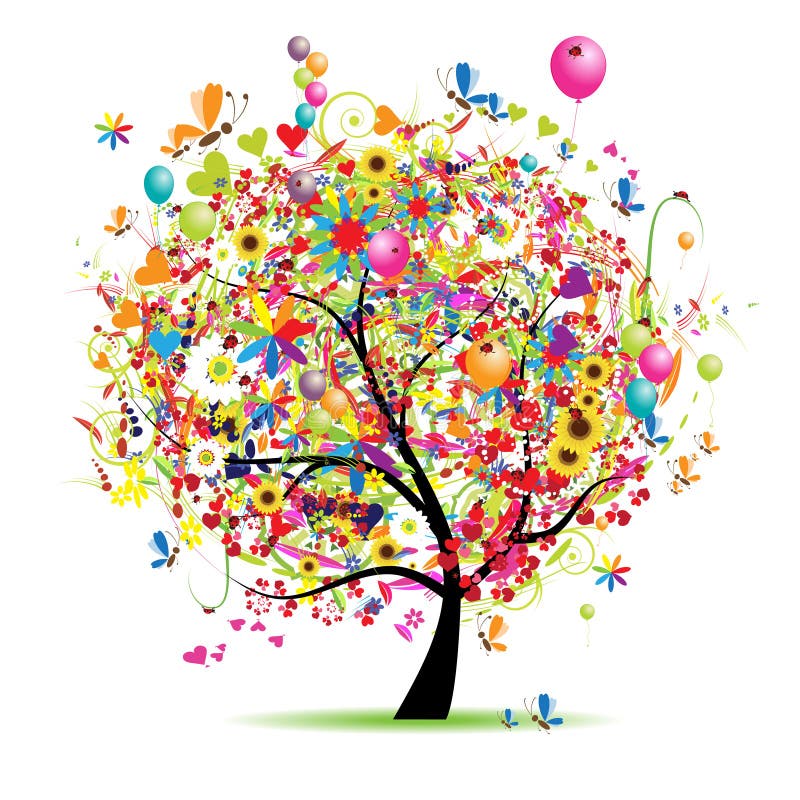 Día de fiesta feliz, árbol divertido con los baloons