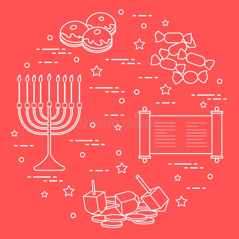 Día de fiesta judío Jánuca: dreidel, sivivon, menorah, monedas, buñuelo ilustración del vector Día de fiesta judío Jánuca: dreidel, sivivon, menorah, monedas, buñuelo ilustración del vector
