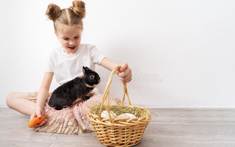Día de fiesta de Pascua: Una muchacha está sosteniendo un pequeño conejo negro y una cesta con los huevos blancos imágenes de archivo libres de regalías Día de fiesta de Pascua: Una muchacha está sosteniendo un pequeño conejo negro y una cesta con los huevos blancos imágenes de archivo libres de regalías
