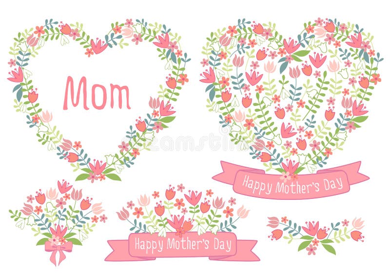 Día de madres feliz, corazones florales, sistema del vector stock de ilustración Día de madres feliz, corazones florales, sistema del vector stock de ilustración