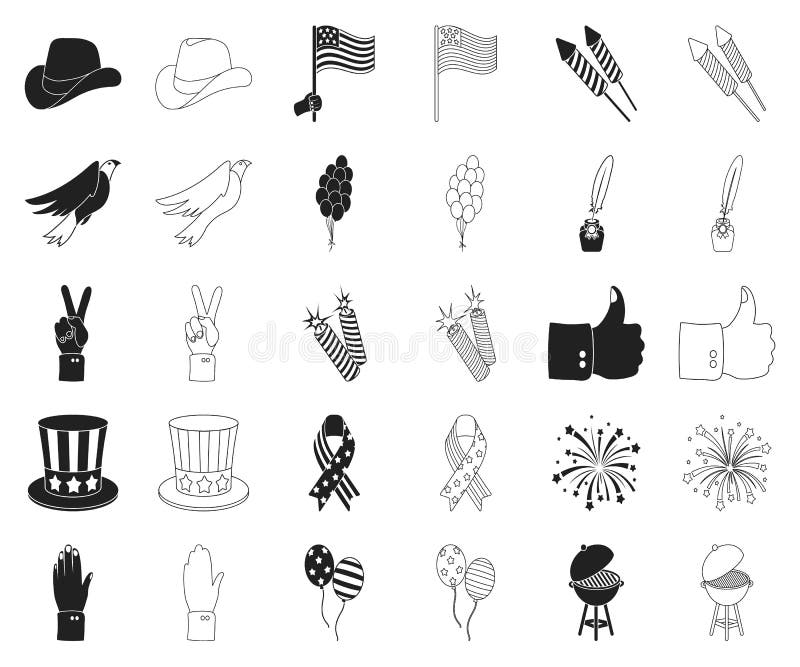 Día de patriota, negro del día de fiesta, iconos del esquema en la colección determinada para el diseño Web americano de la acció libre illustration Día de patriota, negro del día de fiesta, iconos del esquema en la colección determinada para el diseño Web americano de la acció libre illustration