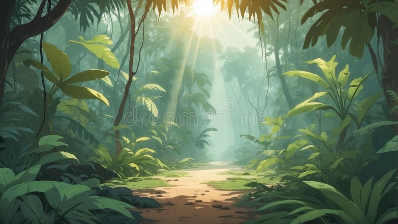 Día de verano caliente y húmedo en una densa jungla con poca luz solar ilustración del vector