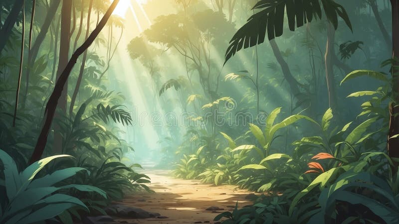 Día de verano caliente y húmedo en una densa jungla con poca luz solar ilustración del vector