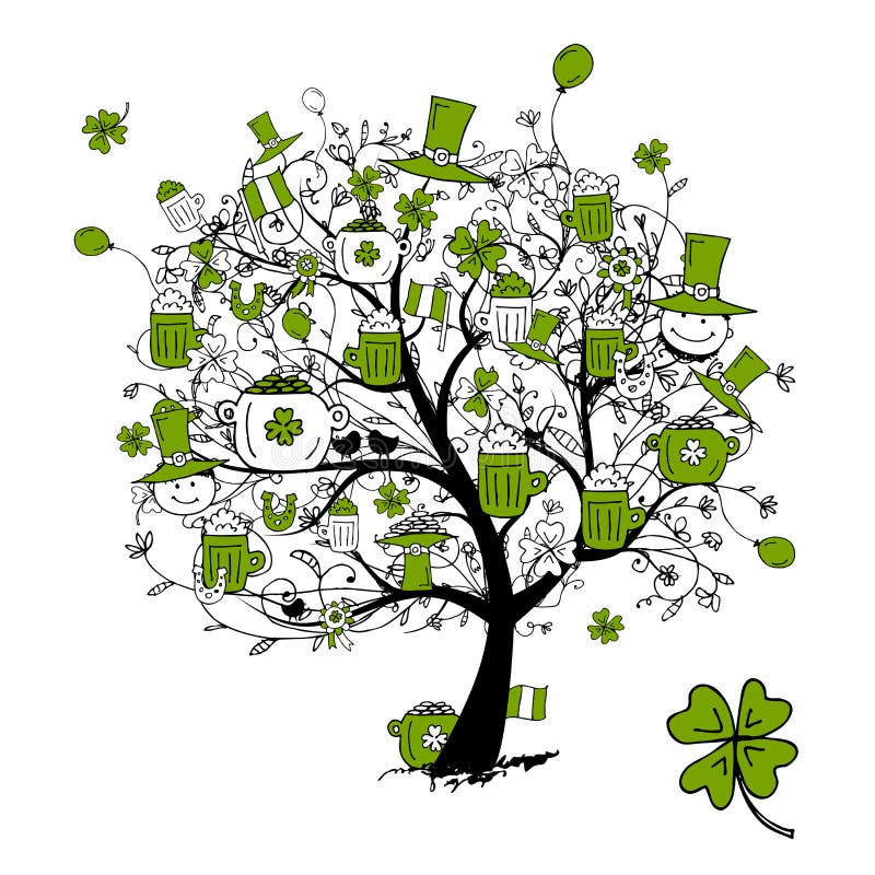 Día del St. Patrick, árbol de drenaje con las tazas de cerveza stock de ilustración Día del St. Patrick, árbol de drenaje con las tazas de cerveza stock de ilustración