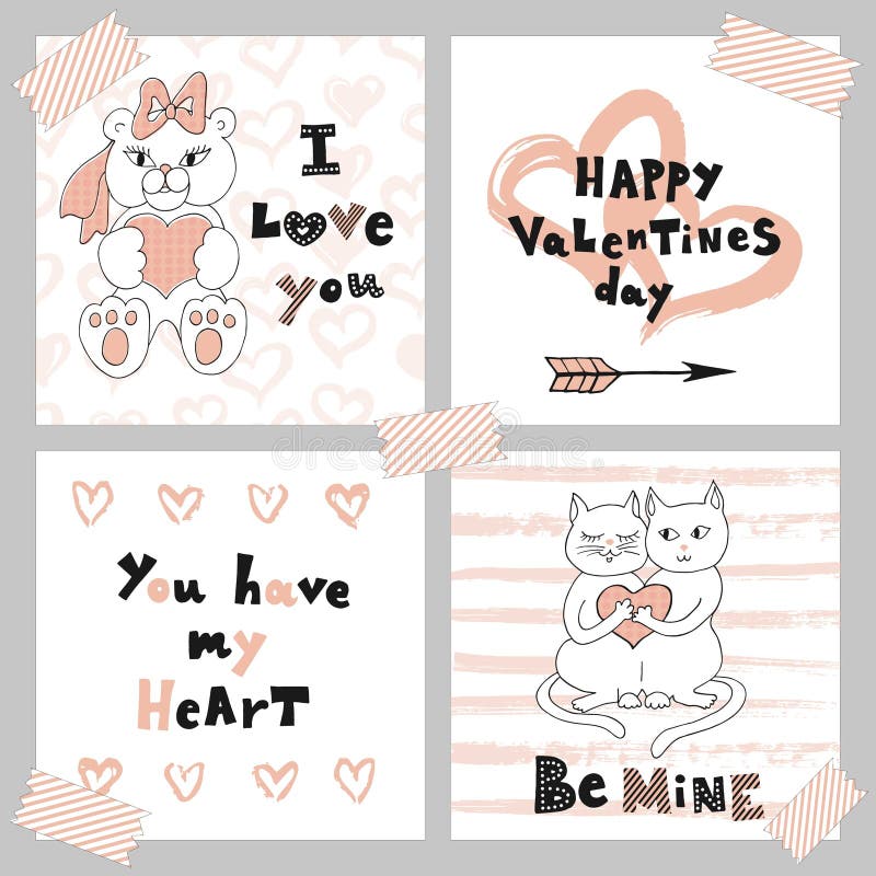 Día feliz de la tarjeta del día de San Valentín s La tarjeta de felicitación fijó con los gatitos y el oso de peluche lindos Tarj stock de ilustración Día feliz de la tarjeta del día de San Valentín s La tarjeta de felicitación fijó con los gatitos y el oso de peluche lindos Tarj stock de ilustración