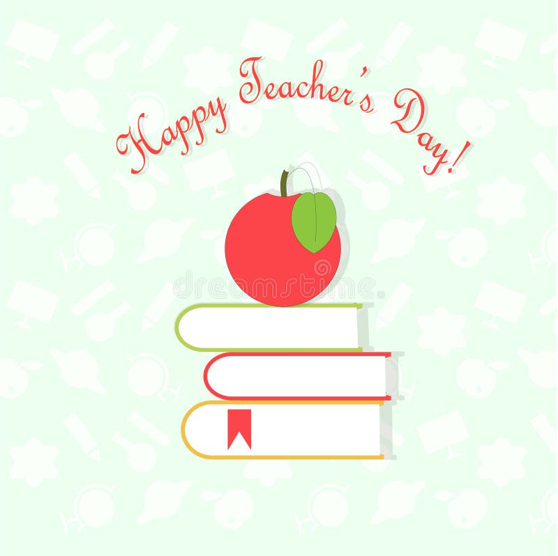 Día feliz de los profesores de la bandera de la tipografía, manzana roja en los libros en el fondo azul claro y blanco blanco del stock de ilustración Día feliz de los profesores de la bandera de la tipografía, manzana roja en los libros en el fondo azul claro y blanco blanco del stock de ilustración