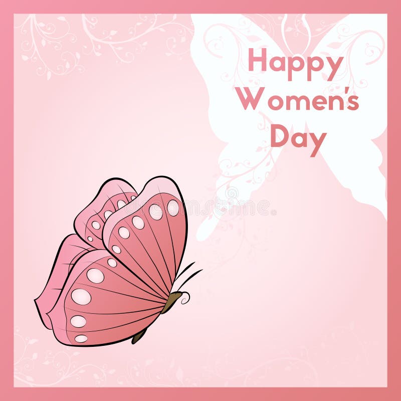 Día feliz del ` s de las mujeres El diseño de la invitación al evento Ejemplo de los ornamentos florales Mariposa del vuelo de la libre illustration Día feliz del ` s de las mujeres El diseño de la invitación al evento Ejemplo de los ornamentos florales Mariposa del vuelo de la libre illustration