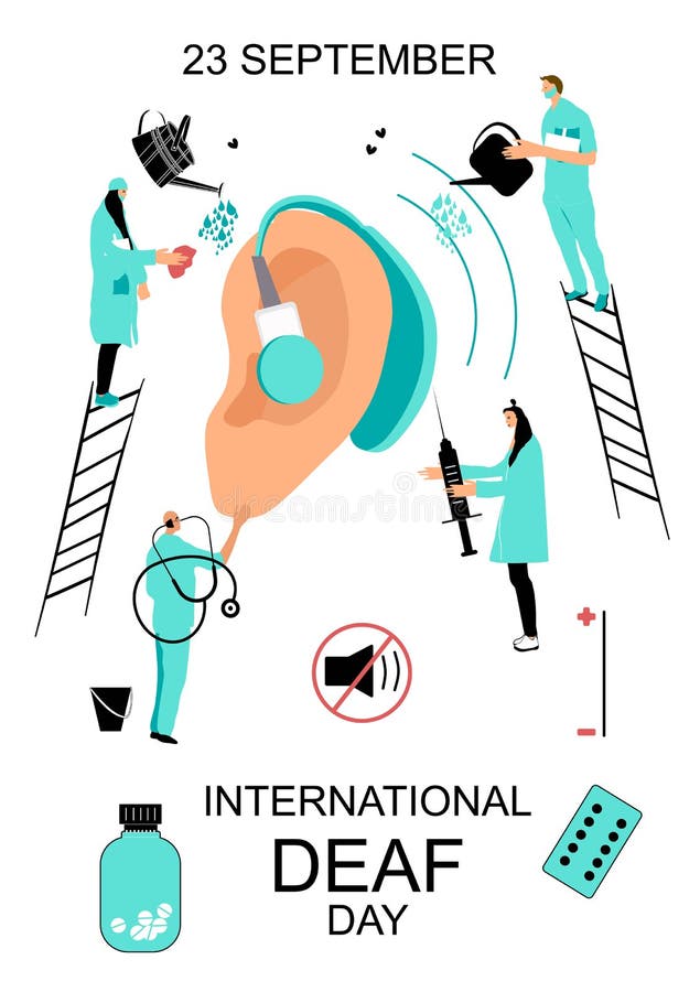 International Deaf day 23 september hand drawn vector illustration.People in medical clothes taking care about human ear with hearing aid.Doctors treat cartoon ear.Hearing disability concept,protection. International Deaf day 23 september hand drawn vector illustration.People in medical clothes taking care about human ear with hearing aid.Doctors treat cartoon ear.Hearing disability concept,protection