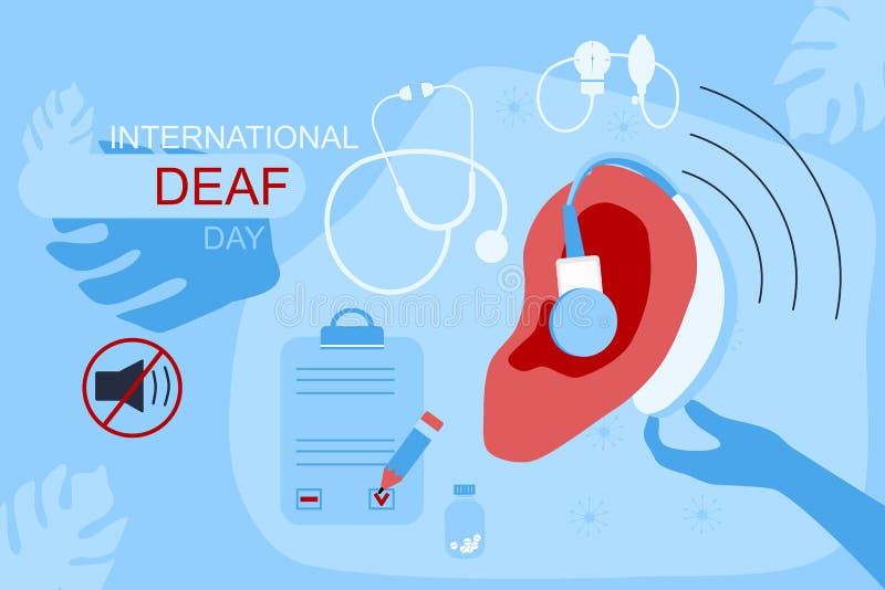 Ear with hearing aid,aerophone.Hearing disability concept,ear protection.Without sound sign.Medical icons,patient card flat illustration. Ear with hearing aid,aerophone.Hearing disability concept,ear protection.Without sound sign.Medical icons,patient card flat illustration.