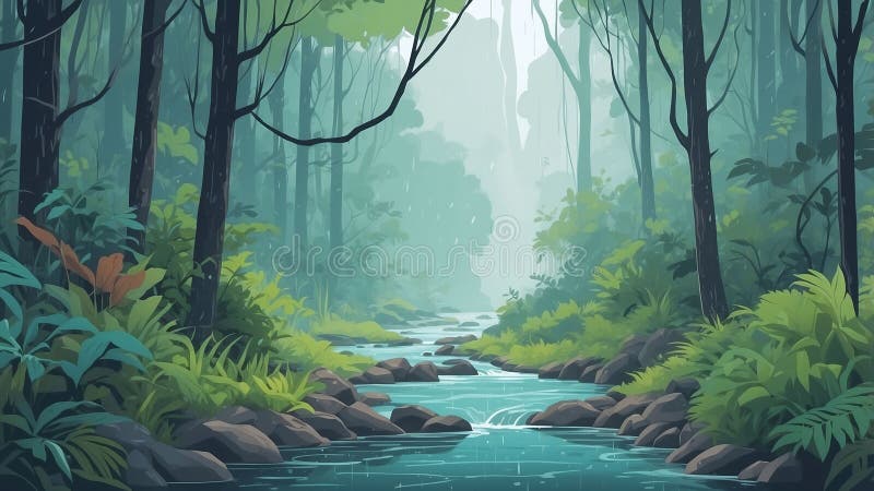 Día lluvioso en un bosque denso con chorros de agua en el fondo stock de ilustración